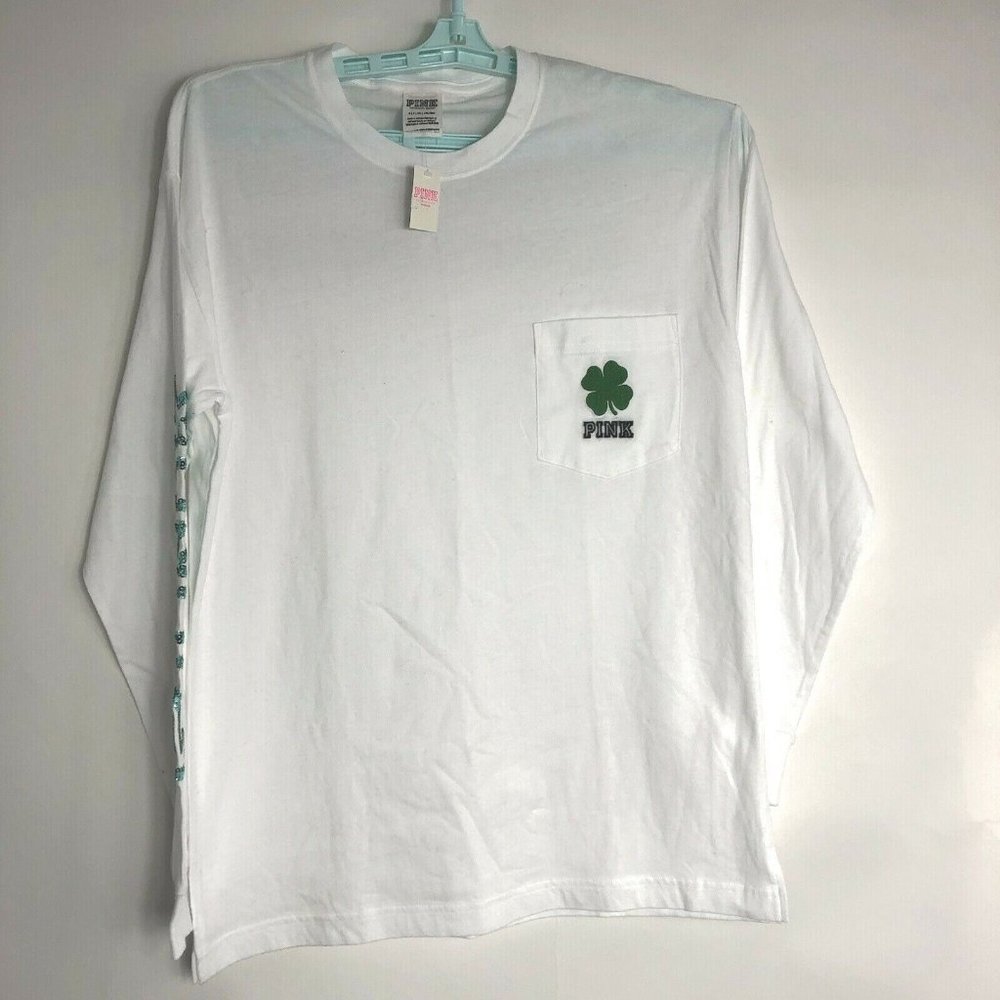 VICTORIA'S SECRET PINK ST. PATRICK'S DAY SHAMROCK BLING CREW L SLEEVE TSHIRT S - Picture 2 of 7